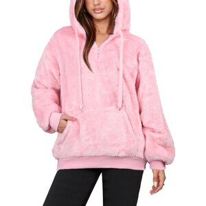 Women Pink Oversized Fuzzy Fleece Zip up Hoodie Sweatshirt
